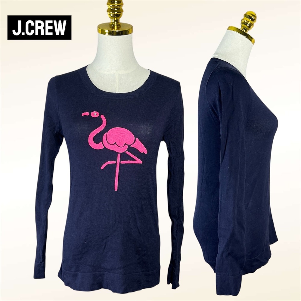 J. Crew Navy Blue Long Sleeve Pink Flamingo Graphic Knit Sweater Top XS
